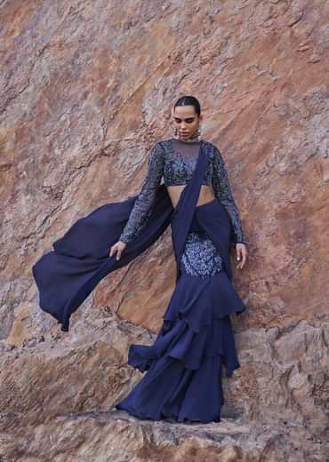 French Blue Fishcut Draped Frill Saree With Blouse