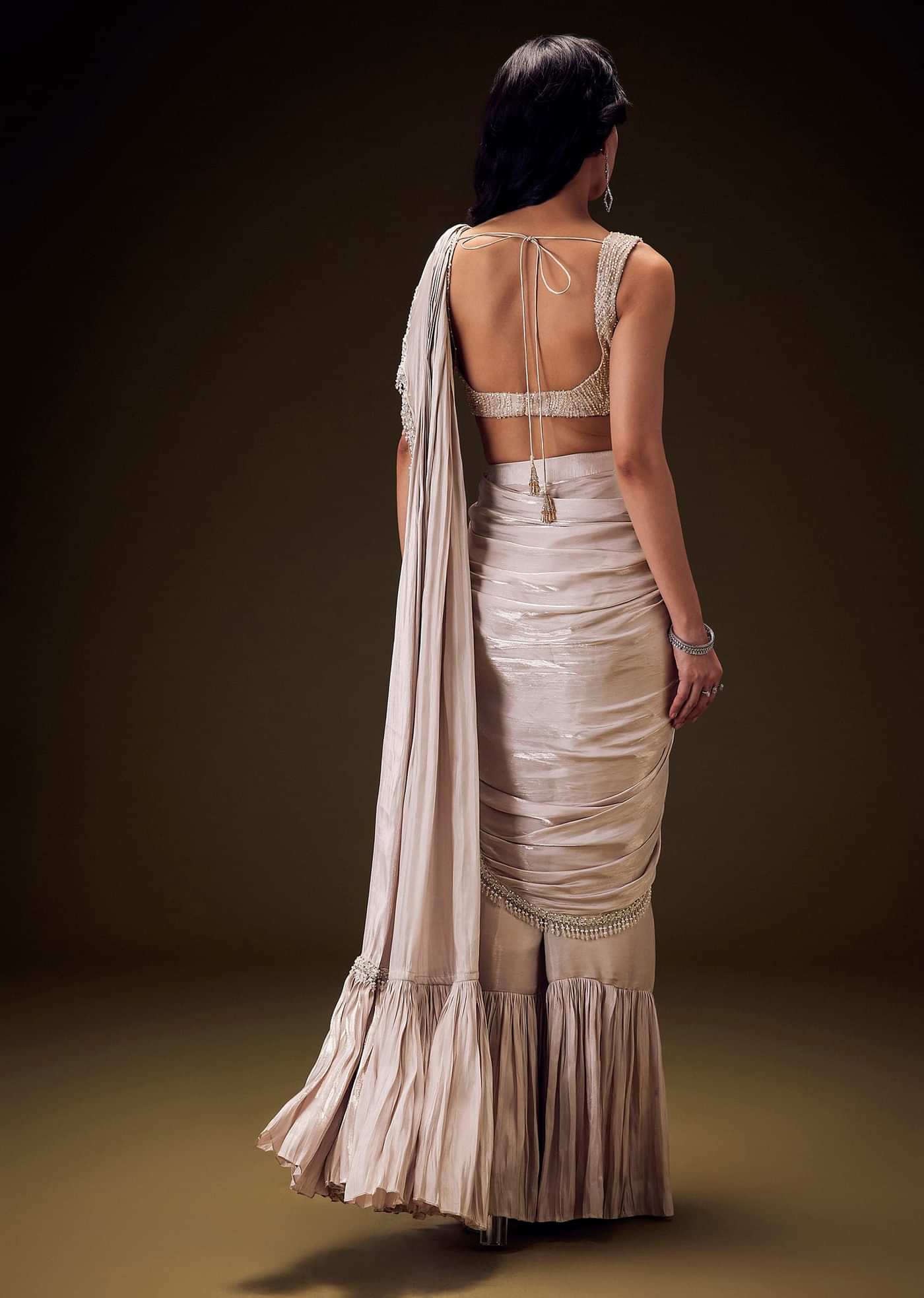 Frosted Ivory Satin Ruffled Ready Pleated Saree