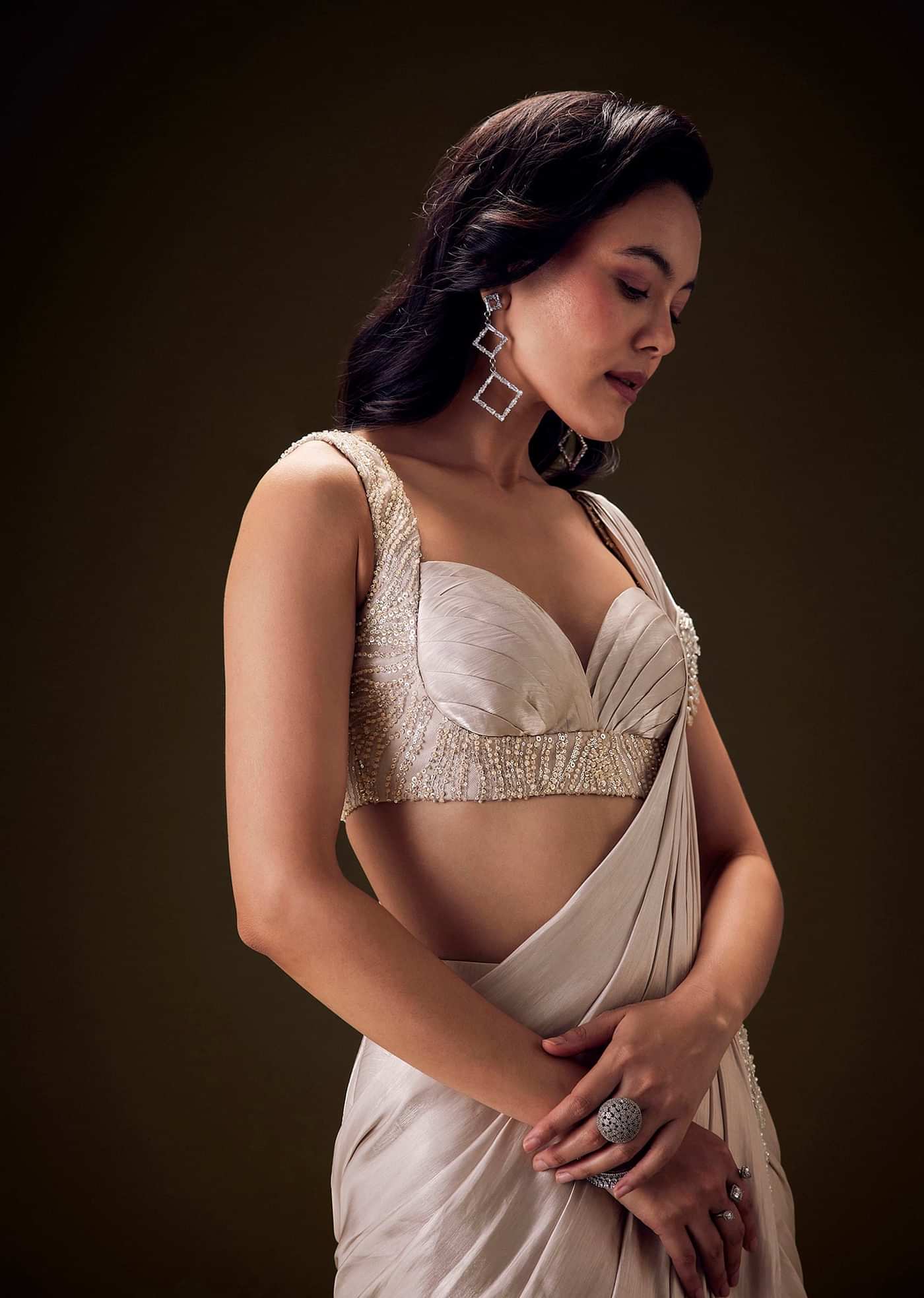 Frosted Ivory Satin Ruffled Ready Pleated Saree