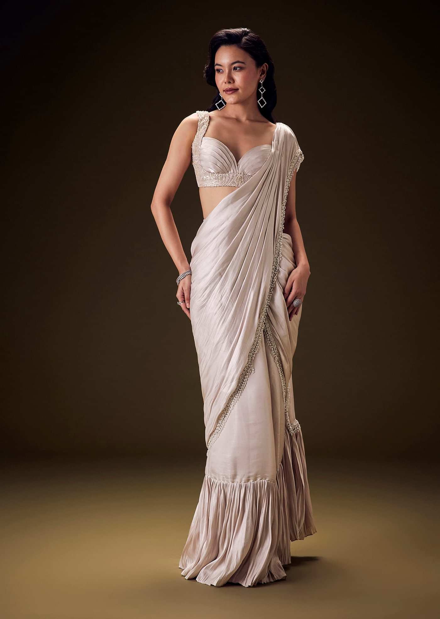 Frosted Ivory Satin Ruffled Ready Pleated Saree