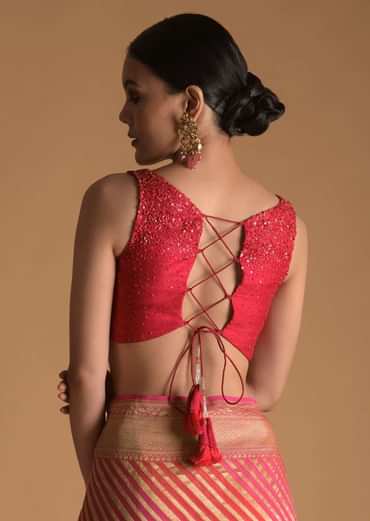 Fuchsia Pink Blouse In Raw Silk With Sequins Work, Sheer Center Cut Out And Criss-Cross Tie Up Back