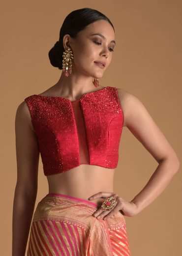 Fuchsia Pink Blouse In Raw Silk With Sequins Work, Sheer Center Cut Out And Criss-Cross Tie Up Back