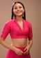 Fuchsia Pink Blouse In Raw Silk With Plunging Collar Neckline And Half Sleeves