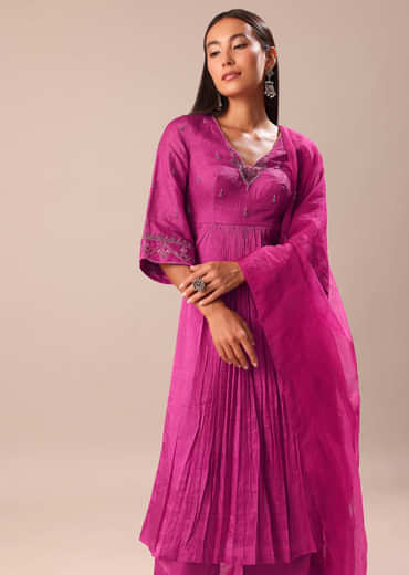 Fuchsia Pink Hand Embroidered Kurta Palazzo Set