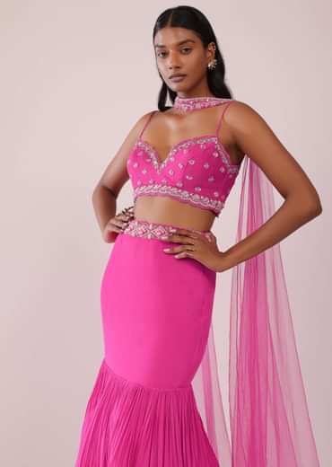 Fuschia Pink Lehenga And Hand Embroidered Blouse Set In Crepe