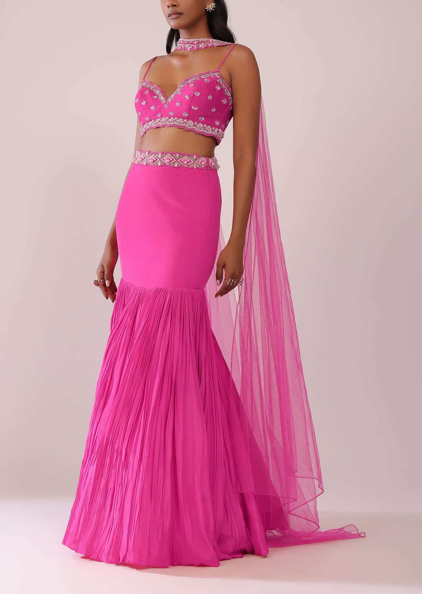 Fuschia Pink Lehenga And Hand Embroidered Blouse Set In Crepe