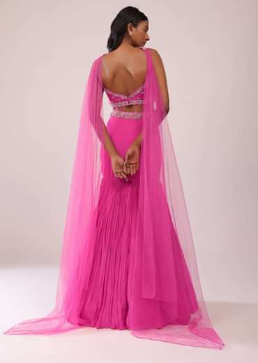 Fuschia Pink Lehenga And Hand Embroidered Blouse Set In Crepe