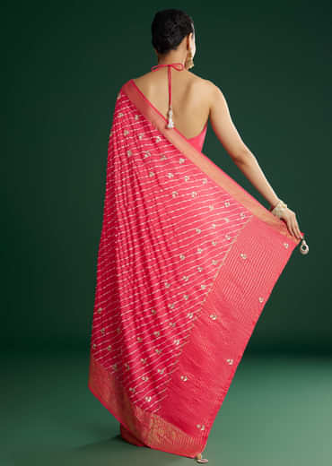 Gajari Dola Silk Saree With Floral Embroidery And Lehariya Print