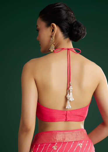 Gajari Dola Silk Saree With Floral Embroidery And Lehariya Print