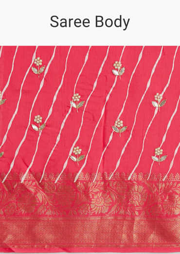 Gajari Dola Silk Saree With Floral Embroidery And Lehariya Print