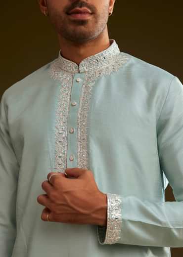 Glacier Blue Silk Kurta Set With Yoke Embroidery
