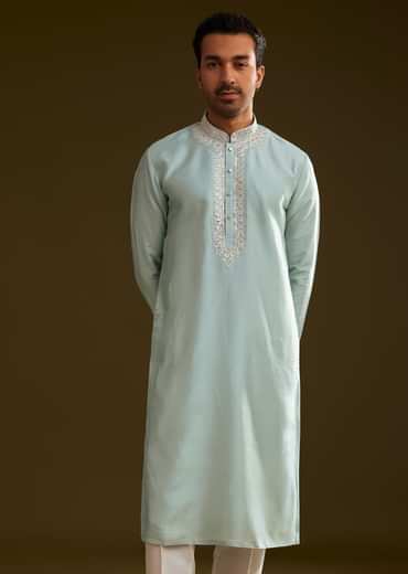 Glacier Blue Silk Kurta Set With Yoke Embroidery