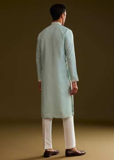 Glacier Blue Silk Kurta Set With Yoke Embroidery