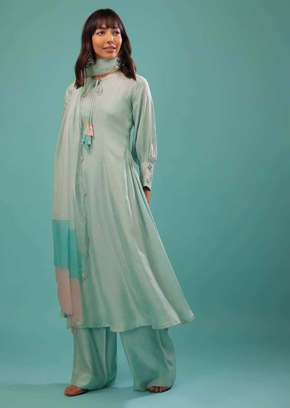 Powder Blue Silk A Line Palazzo Suit With Mirror Work