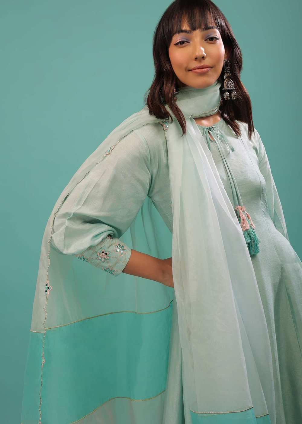 Powder Blue Silk A Line Palazzo Suit With Mirror Work