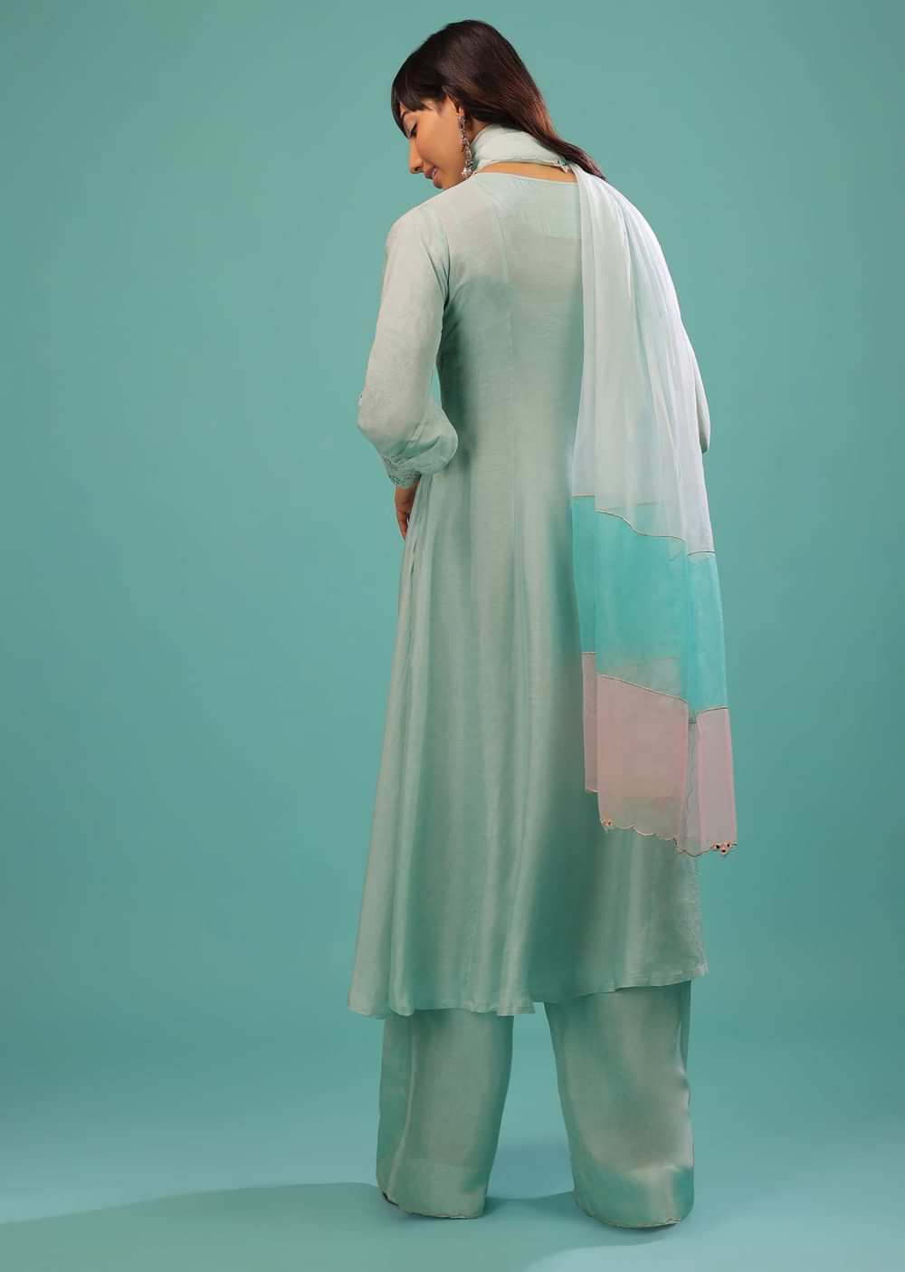 Powder Blue Silk A Line Palazzo Suit With Mirror Work