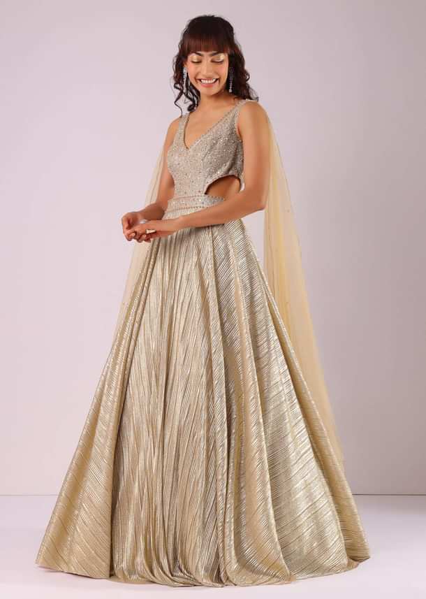 Glam Gold Embroidered Gown In Knit Fabric With Net Trail Wings
