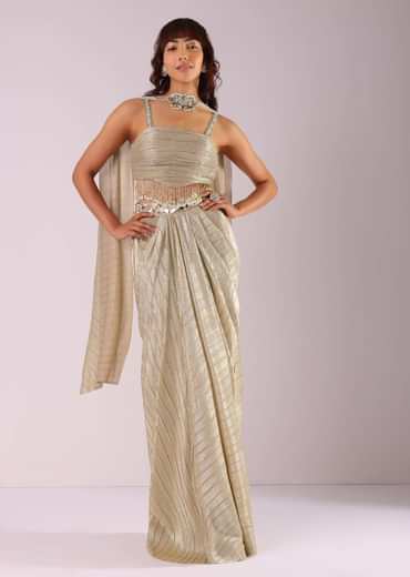 Glam Gold Pleated Skirt And Top With Embroidered Choker Dupatta