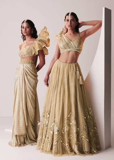Glam Gold Embroidered Lehenga Set In Knit Stretchable Fabric