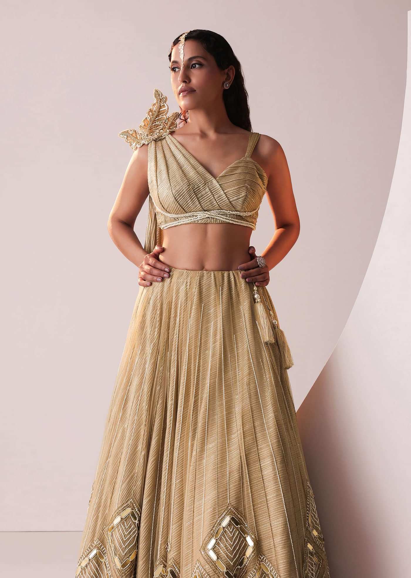 Glam Gold Embroidered Lehenga Set In Knit Stretchable Fabric