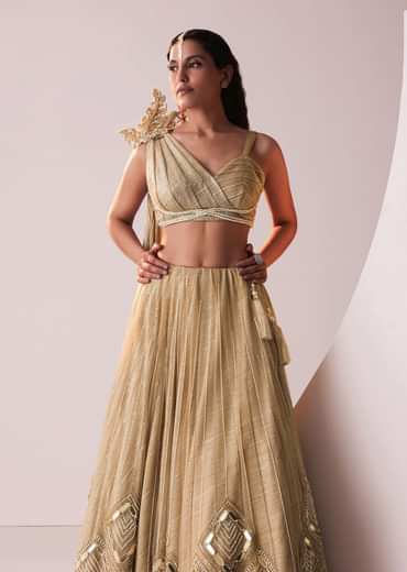 Glam Gold Embroidered Lehenga Set In Knit Stretchable Fabric