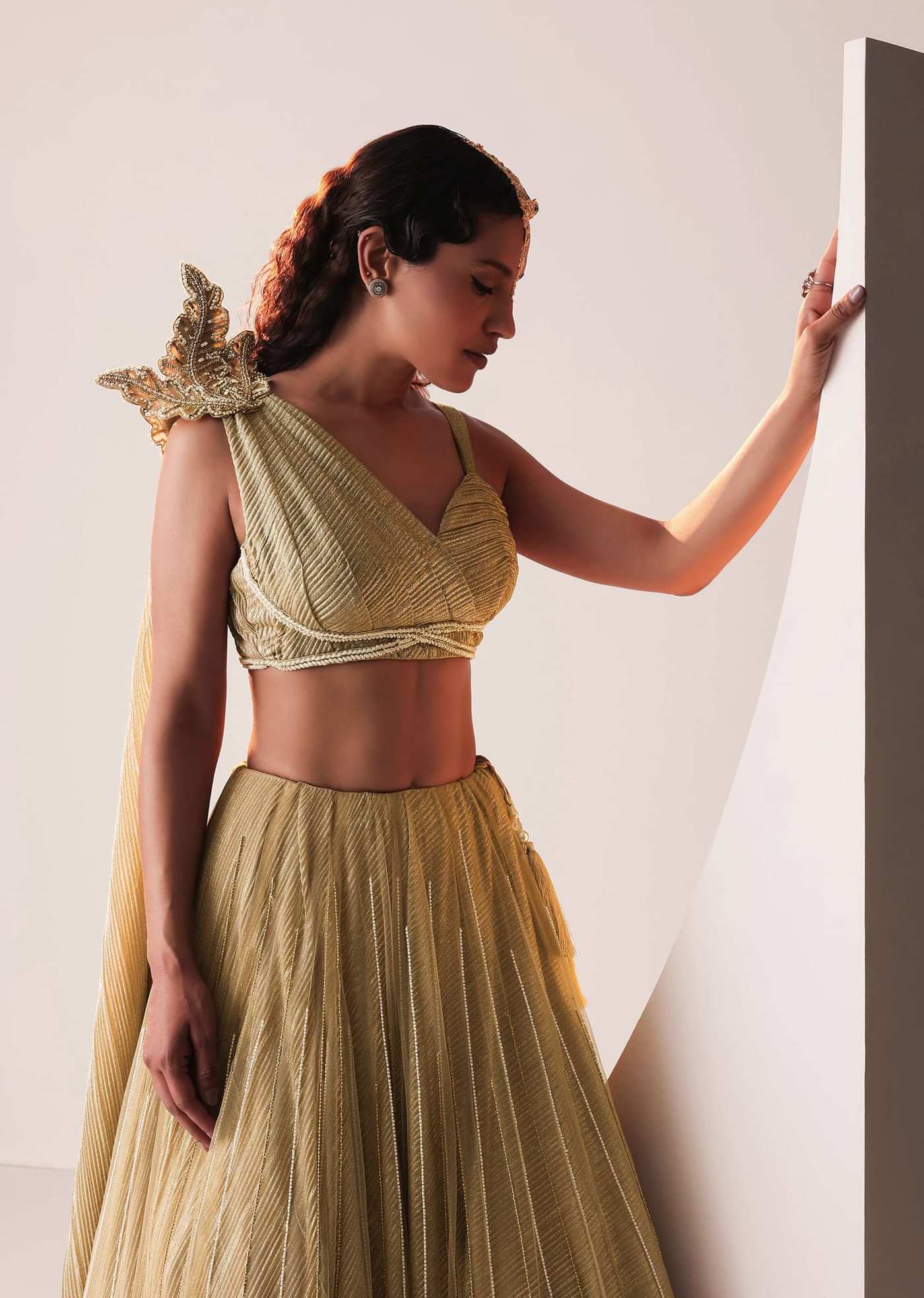 Glam Gold Embroidered Lehenga Set In Knit Stretchable Fabric