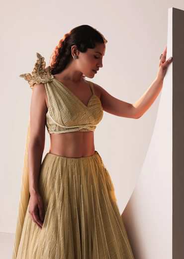 Glam Gold Embroidered Lehenga Set In Knit Stretchable Fabric