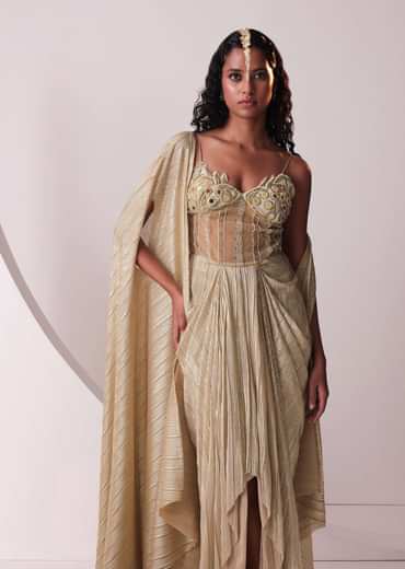 Glam Gold Embroidered Gown In Knit Stretchable Fabric With Jacket