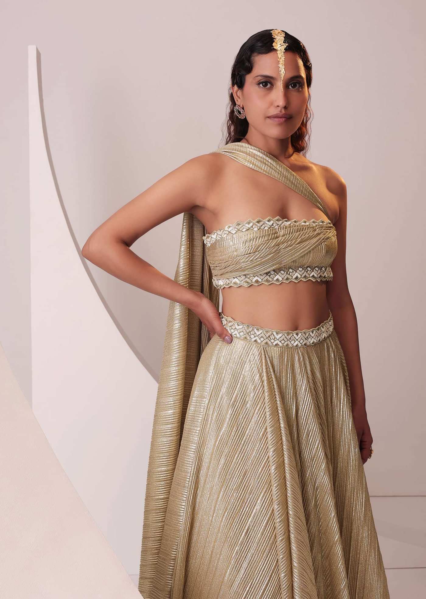 Glam Gold Lehenga Set In In Knit Strechable Fabric