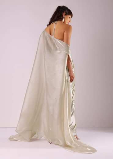 Glam Silver Embroidered Pleated Skirt And Blouse In Lycra With Organza Shrug