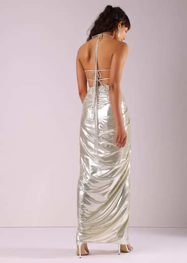 Glam Silver Embroidered Pleated Skirt And Blouse In Lycra With Organza Shrug