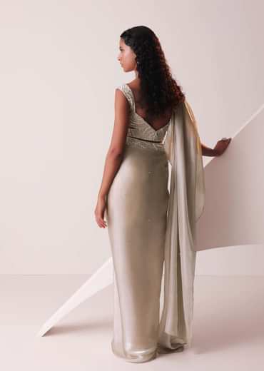 Glam Silver Embroidered Ready-To-Wear Saree In Organza