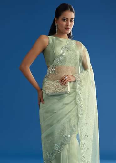Green Glass Tissue Saree With All Over Cutdana And Sequins Embroidery
