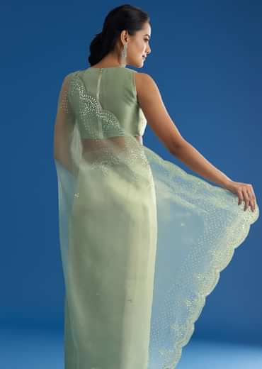 Green Glass Tissue Saree With All Over Cutdana And Sequins Embroidery