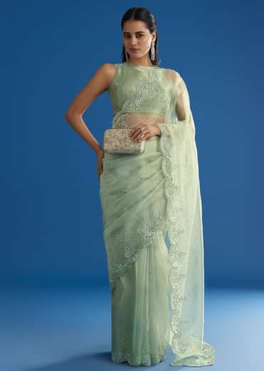 Green Glass Tissue Saree With All Over Cutdana And Sequins Embroidery