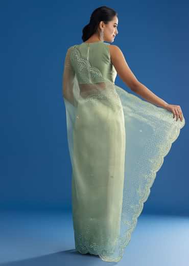 Green Glass Tissue Saree With All Over Cutdana And Sequins Embroidery