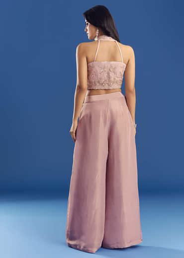 Gleaming Tissue Croptop And Palazzo Set With Beadwork