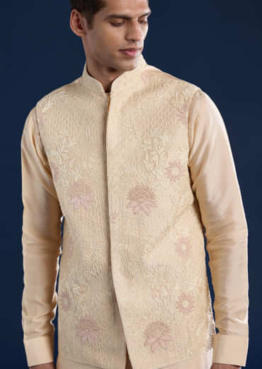 Gold Art Silk Jacket Kurta Set with Dori Work