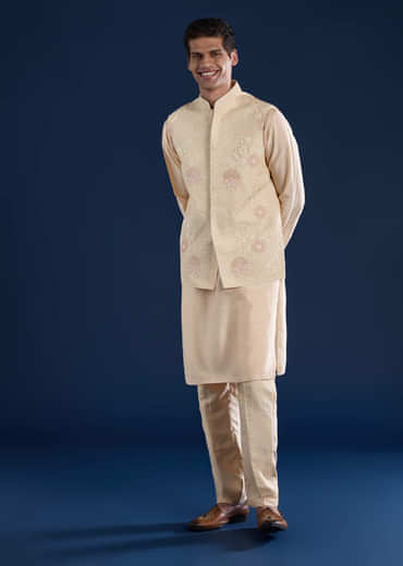 Gold Art Silk Jacket Kurta Set with Dori Work