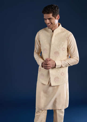 Gold Art Silk Jacket Kurta Set with Dori Work