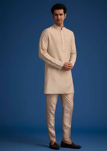 Gold Beige Banarasi Silk Kurta Jacket Set With Self Work