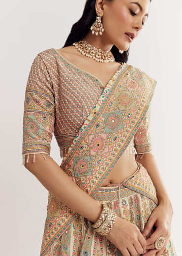 Gold Beige Georgette Printed Lehenga With Cutdana And Stone Work