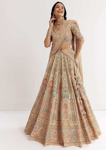 Gold Beige Georgette Printed Lehenga With Cutdana And Stone Work