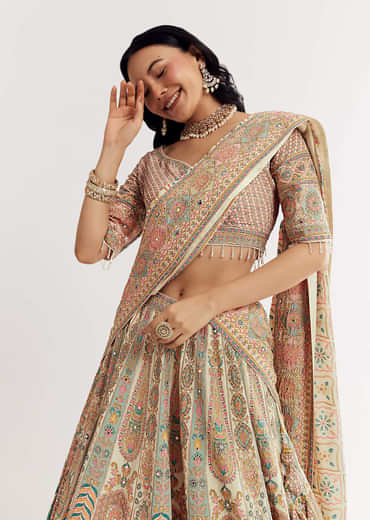 Gold Beige Georgette Printed Lehenga With Cutdana And Stone Work