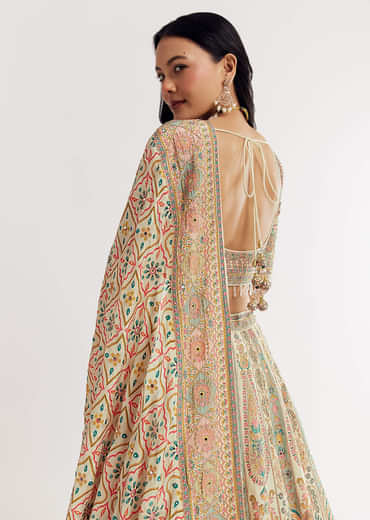 Gold Beige Georgette Printed Lehenga With Cutdana And Stone Work