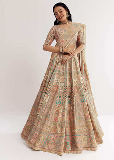 Gold Beige Georgette Printed Lehenga With Cutdana And Stone Work