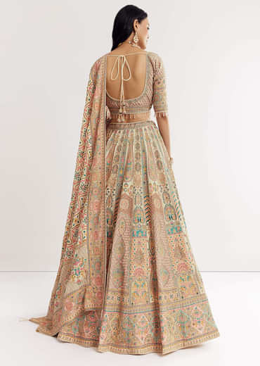 Gold Beige Georgette Printed Lehenga With Cutdana And Stone Work