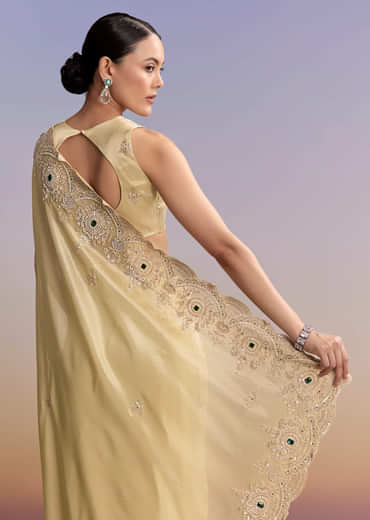 Gold Beige Tissue Saree With Heavy Embroidery