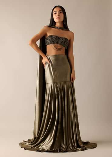 Gold Chain Tassel Blouse And Fishcut Draped Lehenga Set