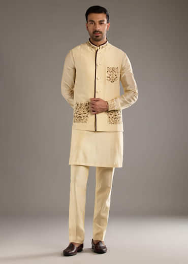 Gold Chanderi Linen Kurta Jacket Set For Men With Dori Work